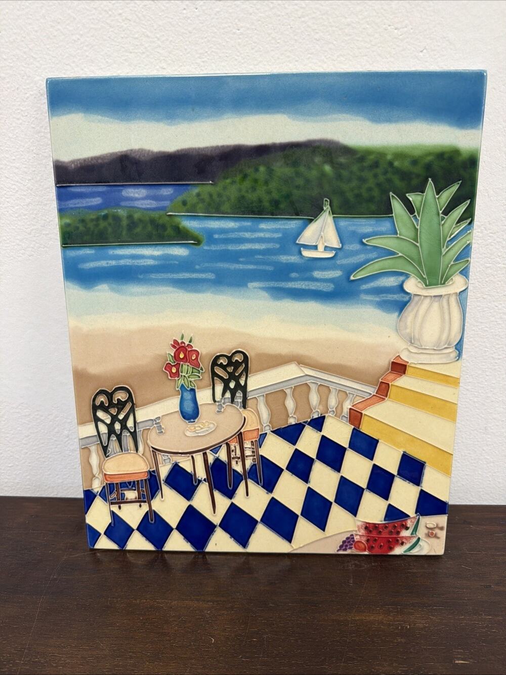 Vintage Hand Glazed Ceramic Tile Plaque Mediterranean Sailboat Art Glossy 13x16